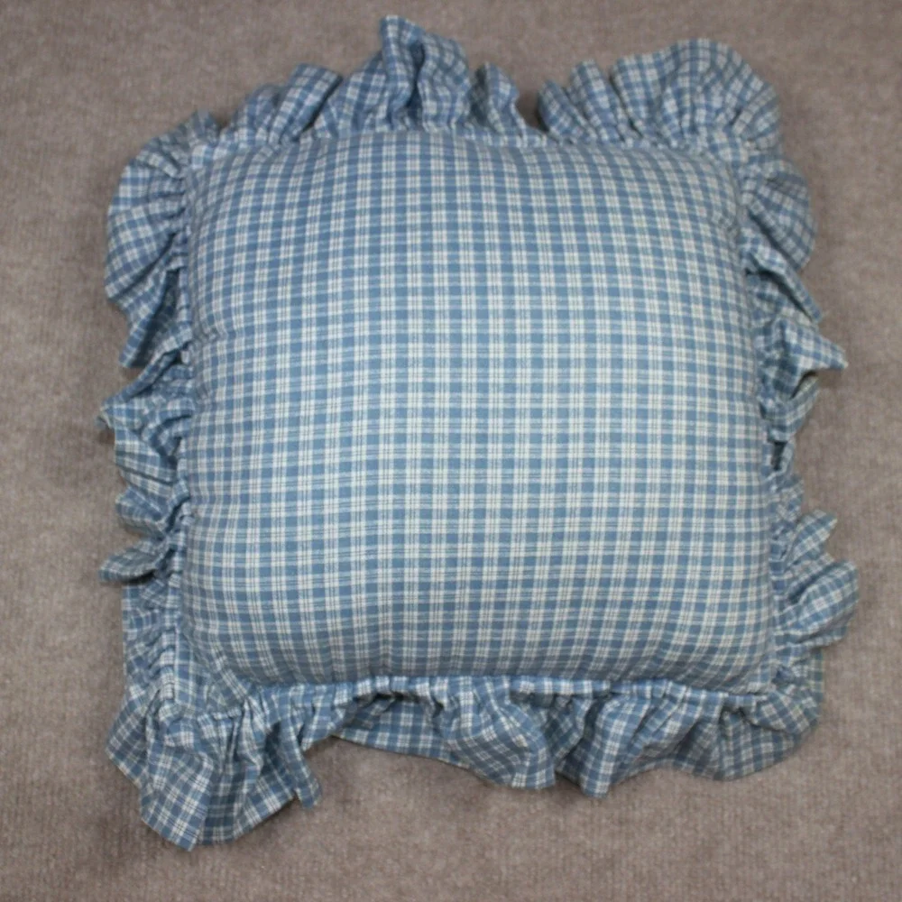 Vintage Handmade Cross Stitch Throw Pillow Blue Gingham Ruffle Country Farmhouse